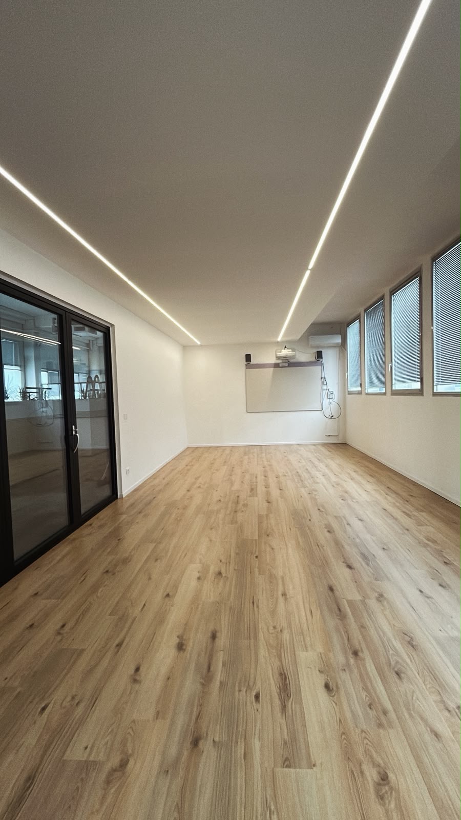 Sala polivalente vuota con parquet e luci lineari